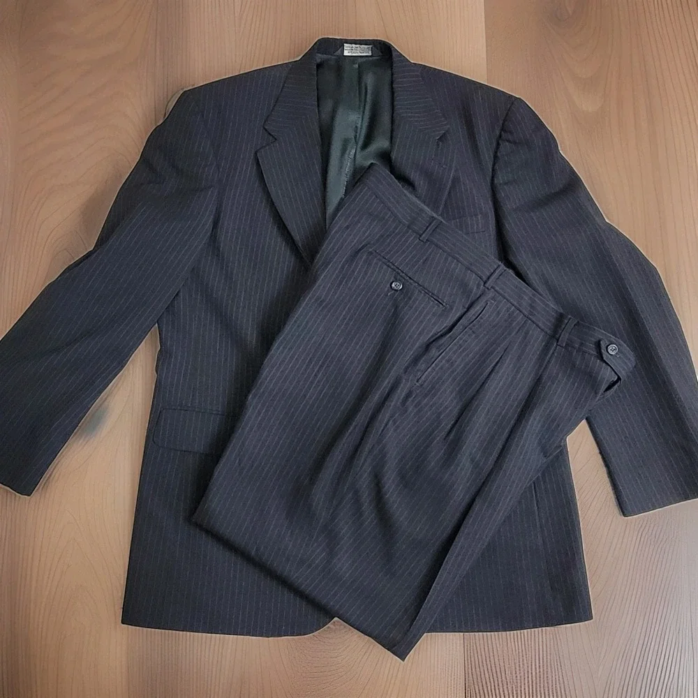 Vintage‎ Lands' End Suit Mens 42R Coat/38x29 Pants 100% Wool Blue w/Pinstripe